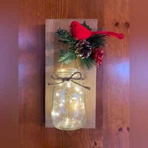 Hanging lighted Mason Jar Christmas Cardinal 12”